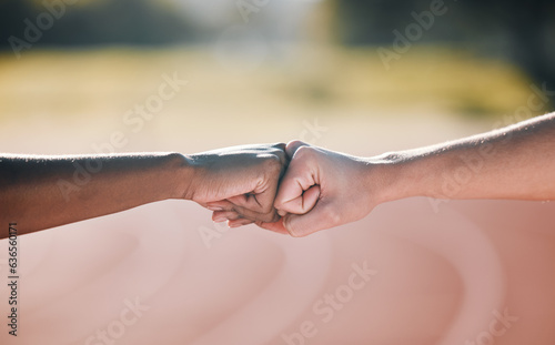 Closeup, fitness and fist bump for sports support, motivation and goal in training. Stadium, together and people with a gesture or hands for workout or exercise solidarity for a race or competition photo