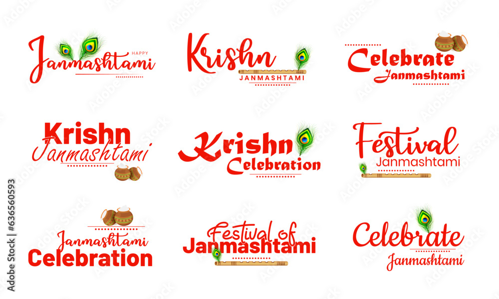 Creative Typography badges and emblem set of Lord Krishna Janmashtami indian festival celebration. Creative Typography badges and emblem set of Lord Krishna Janmashtami indian festival celebration.