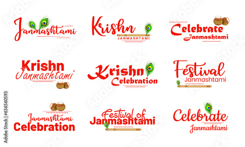 Creative Typography badges and emblem set of Lord Krishna Janmashtami indian festival celebration.