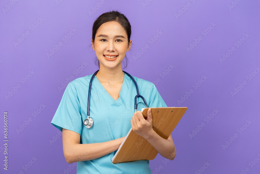 Young asian woman surgeon happy smile indicate finger empty space advert advice isolated color background. Young asian woman surgeon happy smile indicate finger empty space advert advice isolated color background.