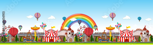 Carnival funfair, amusement park with circus tent, roller coaster, carousel and ferris wheel. Vector cartoon illustration of summer landscape with attractions and balloons
