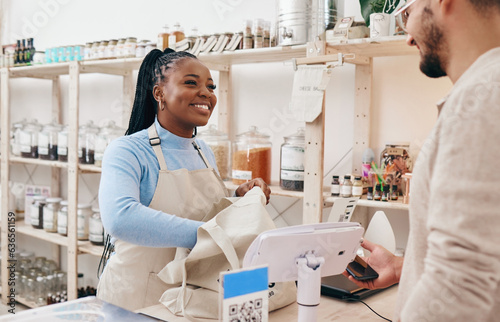 Sustainable shop, cashier and client with store purchase, woman and customer service with small business. Smile, entrepreneur and African person with retail employee and shopping with credit card