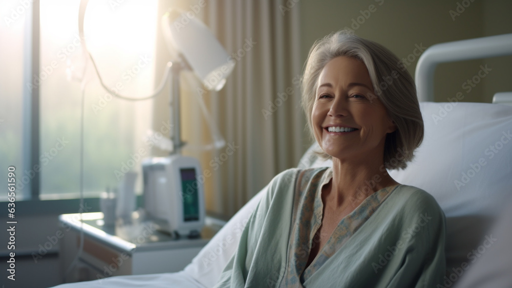 Beautiful mature american adult woman patient in hospital in warm atmosphere, smiling as she got better Beautiful mature american adult woman patient in hospital in warm atmosphere, smiling as she got better