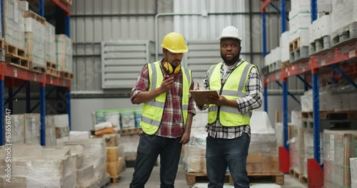 Wharehouse worker discussing about stock data 