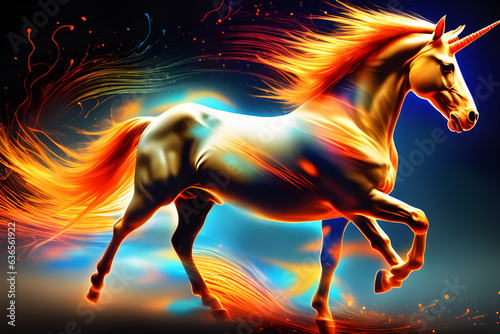 a magical unicorn in motion  energetic  red and orange vibrant colors  Splatter style1 Generative Ai illustration