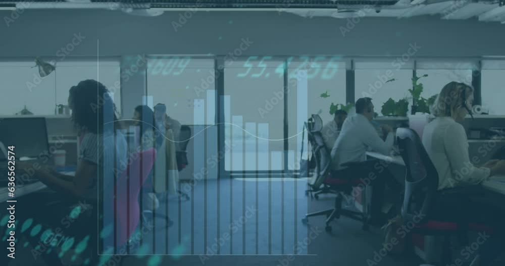 Animation of multiple graphs with changing numbers, diverse coworkers working on computer in office
