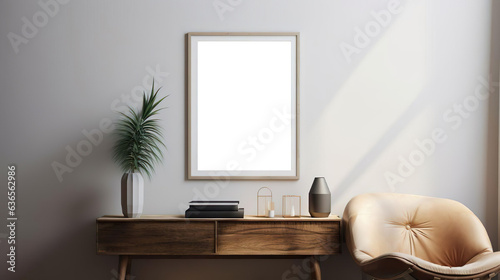 Mockup, hölzernes Bilderrahmen-Modell an der Wand im modernen Interieur. Grafikvorlage für Kunstwerke, Gemälde, Fotos oder Poster in der Innenarchitektur, generative AI	
