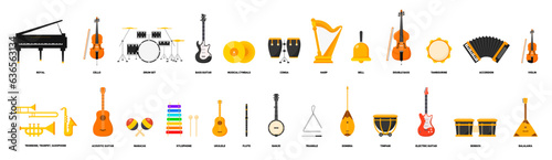 Set of musical instruments with names. Guitar, piano, violin, drums, etc. Vector. photo