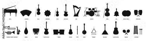 Set of silhouettes of musical instruments. Guitar, piano, violin, drums, etc. Vector illustration