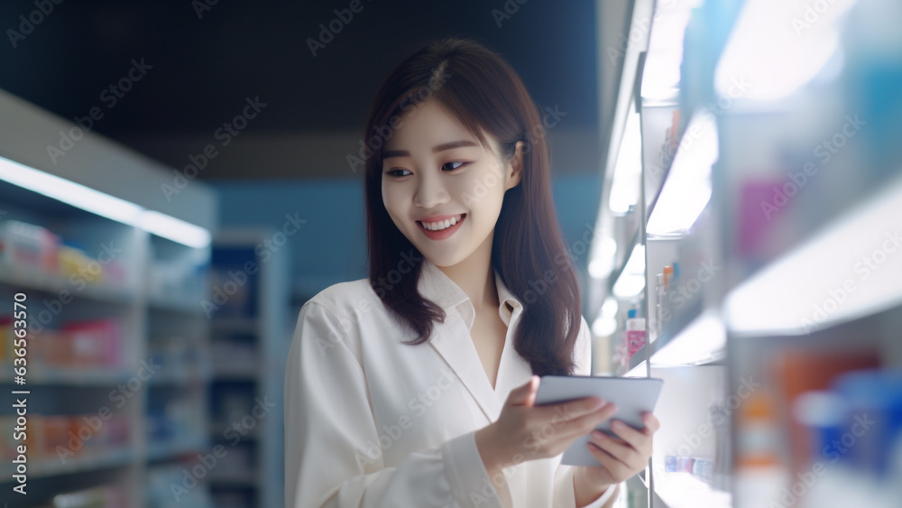 Pretty Asian woman examining drugs in a pharmaceutical company's laboratory