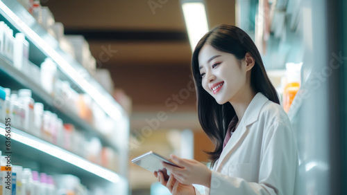 Pretty Asian woman examining drugs in a pharmaceutical company's laboratory photo