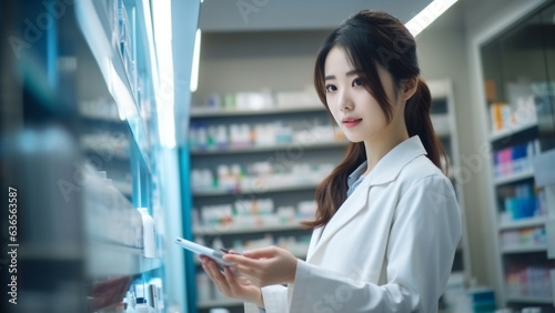 Pretty Asian woman examining drugs in a pharmaceutical company's laboratory