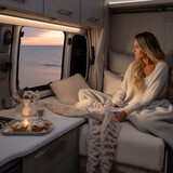 Vanliferka - solo podróżniczka w kamperze. Piękna kobieta na łóżku w przyczepie kempingowej podziwiająca zachód słońca nad morzem przez okno - zachwyt, podziw