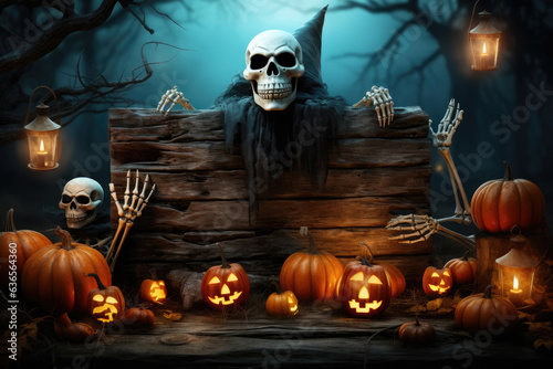 Halloween Day , Skeleton and Pumpkins in graveyard at full moon night , Holiday event halloween banner background concept , Created with Generative Ai Technology
