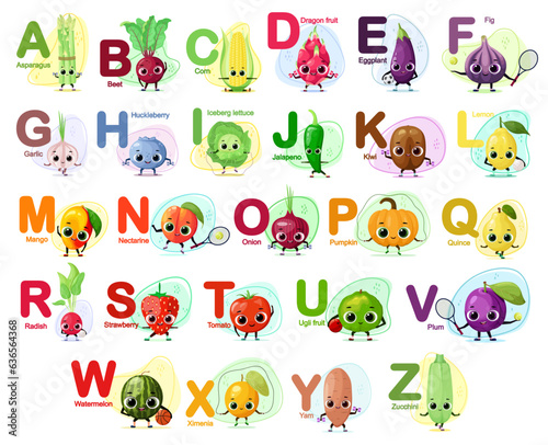 English alphabet with funny vegetables and fruits. Sports and a healthy lifestyle. Cartoon style.
