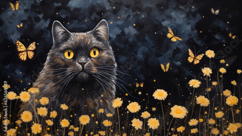 A beautiful black cat standing in a flower field in the moonlight at night and looking at a butterfly, acrylic painting