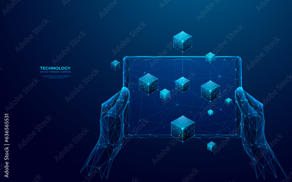  Abstract hands holding tablet with linked blocks on an empty screen. Close-up businessman and mobile device. Blockchain technology concept. Low poly wireframe vector illustration with 3D effect.
