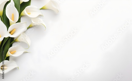 Fotografija Wedding calla lily on white pastel background top view in flat lay style