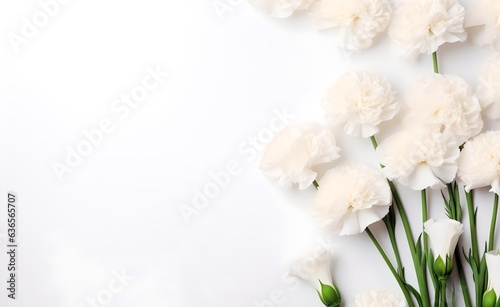 White carnations flowers on bright white pastel background top view in flat lay style. Greeting for Women s or Mothers Day or Spring Sale Banner. Generative AI. 