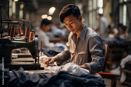 asian male workers sewing in textile factories.