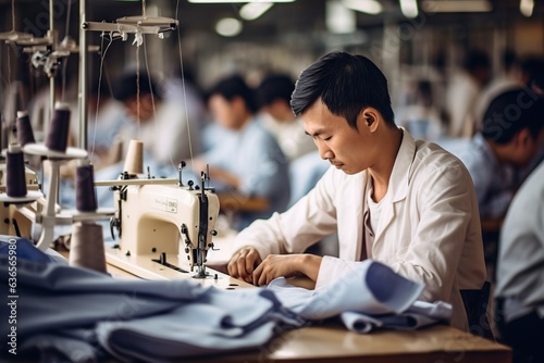 asian male workers sewing in textile factories.