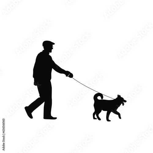 Old man with dog, man together with his dog silhouette