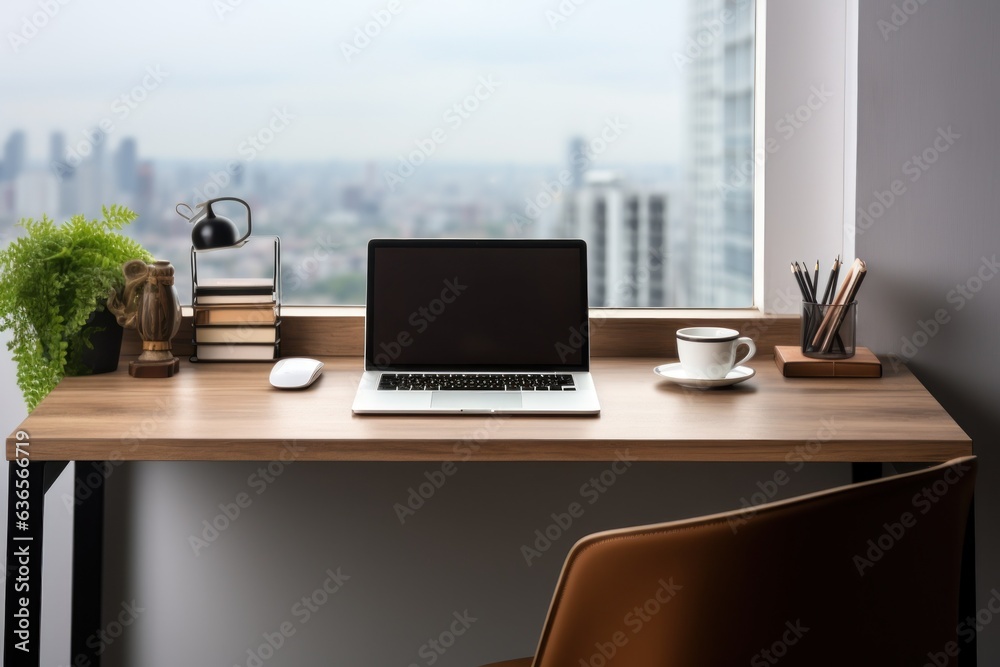 Fototapeta premium Workspace with laptop computer and supply on table with cityscape without mirror.
