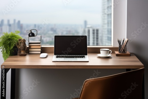 Workspace with laptop computer and supply on table with cityscape without mirror.