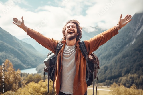happy tourist with backpack enjoying freedom