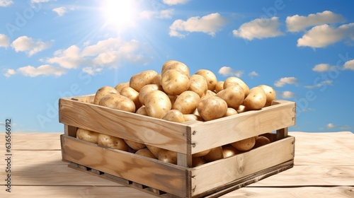 wooden box full of potatoes. Agriculture, gardening, growing vegetables created with Generative AI technology © pvl0707