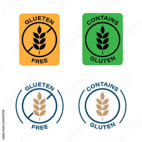 Gluten Free and Contains Gluten Symbol, icon, no guten, fiber, certified, sticker, label, logo, symbole, sign, latest design emblem, flat vector, isolated illustration, 