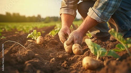 Farmer chooses potatoes from the ground created with Generative AI technology