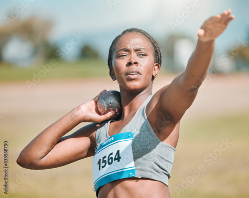 Shot put, athlete and woman in throw competition, championship or training for field event with metal or steel weight. Throwing, ball or African female outdoor for athletics sports or olympics