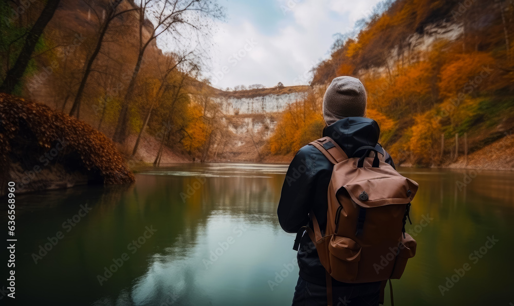 A hiker enjoying the serene view of a picturesque lake. A person with a backpack looking at a lake A hiker enjoying the serene view of a picturesque lake. A person with a backpack looking at a lake