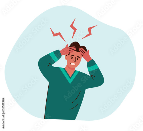 Man suffers from headaches, Symptoms of viral disease. Man suffering migraine advertising analgesic medicine.