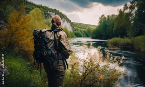 A person admiring a scenic river view while carrying a backpack. A person with a backpack is looking at a river