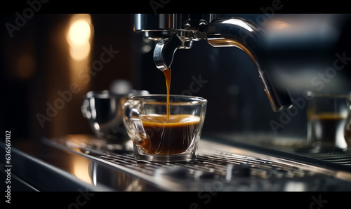 Coffee being poured into a glass in a coffee machine
