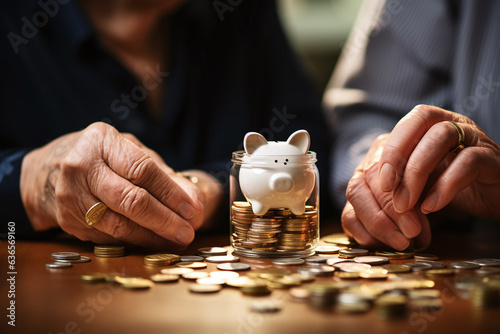 Saving money investment for future. Senior adult mature couple hands putting money coin in piggy bank. 