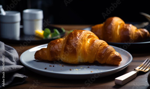 Two croissants on a plate with a fork and knife on a table