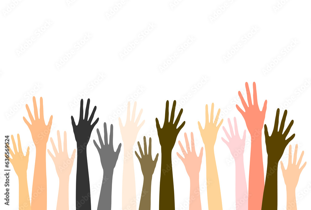Fototapeta premium Diverse raised hands Illustration. Multiracial group hand raised, hand up, hands voting.