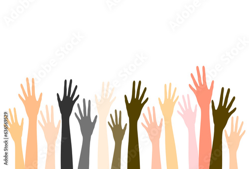 Diverse raised hands Illustration. Multiracial group hand raised, hand up, hands voting.