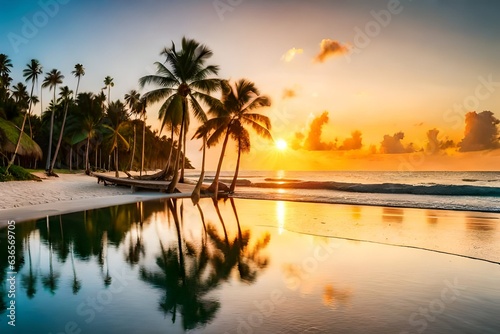 Tropical beach, Dominican Republic. Palm trees on sandy island in the ocean at sunset