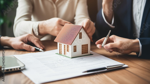 A Home Buyer and loan officer going over loan paperwork in a corporate office for home purchase