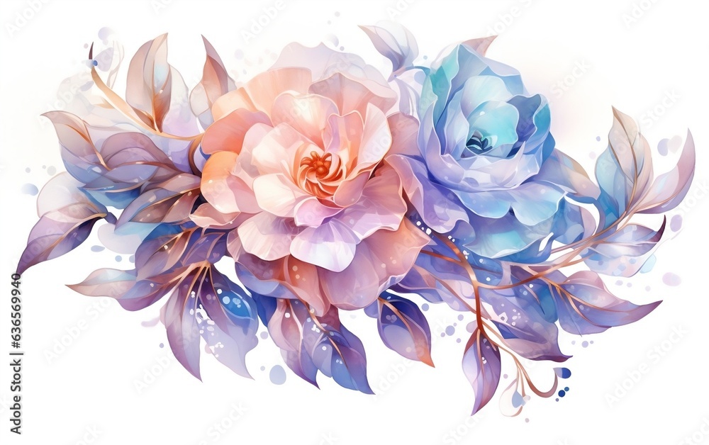 Glowing Soft Crystals Roses in a Watercolor Style, Generative Ai