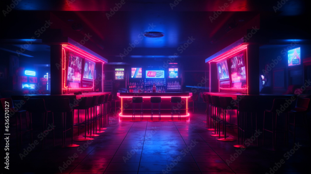Empty dark night club or bar with colorful neon glowing lights. Design interior. Copy space. Generative AI