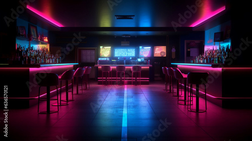 Empty dark night club or bar with colorful neon glowing lights. Design interior. Copy space. Generative AI © Odin