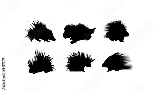 set of silhouettes of porcupines or porcupines in silhouette style.