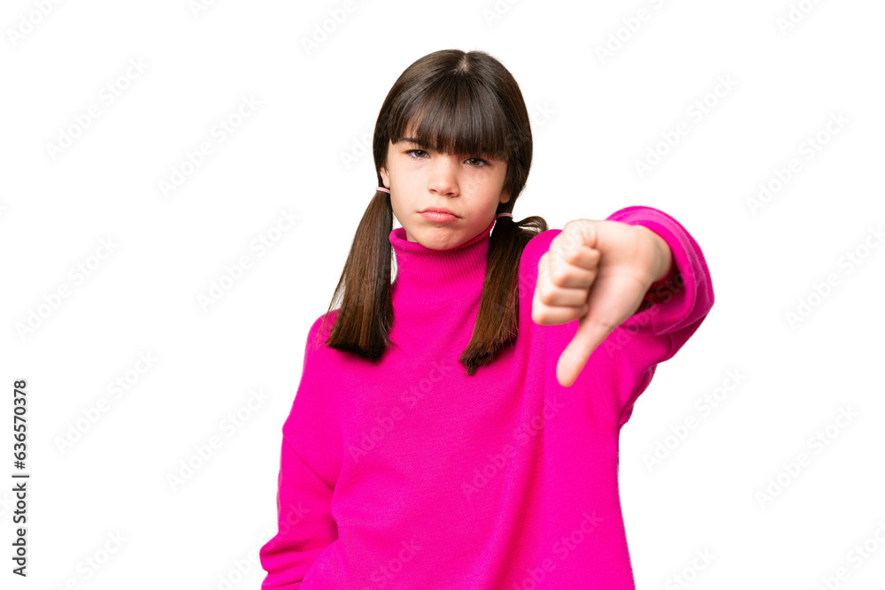 Little caucasian girl over isolated background showing thumb down with negative expression Little caucasian girl over isolated background showing thumb down with negative expression