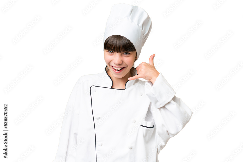 Little caucasian chef girl over isolated background making phone gesture. Call me back sign Little caucasian chef girl over isolated background making phone gesture. Call me back sign