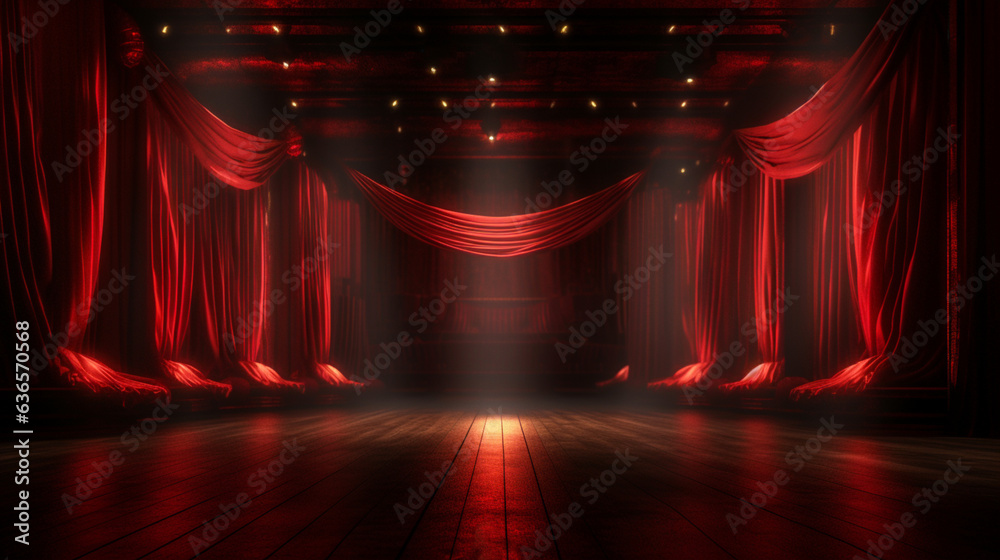Empty dark stage or podium with red curtains. Theater or burlesque show. Copy space. Generative AI - obrazy, fototapety, plakaty 